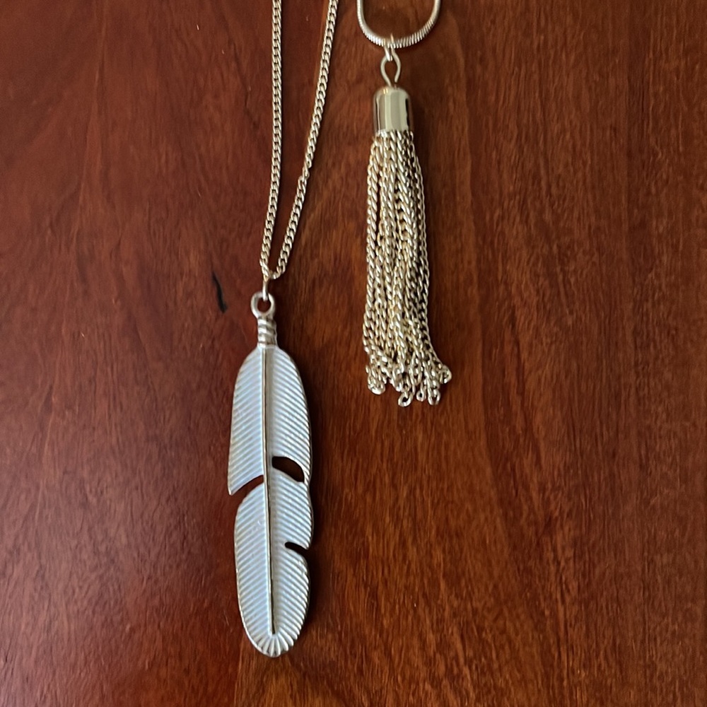 Charming Charlie Gold Tassel and Feather Long Necklace